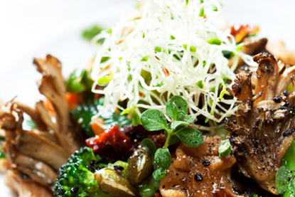 Pasta de espelta con verduras y germinados de alfalfa